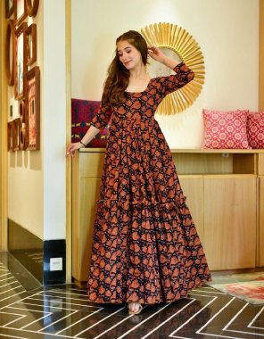 black gown - cotton with digital printed work with full sleeves | gown inner - micro cotton | length - 55 inch | flair - 4.5 m  fabric digital printed work ethnic 