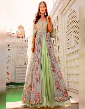 sky blue lehenga - georgette | inner - micro cotton | lehenga length - 40-42 ( semi stitched ) | top - silk with chinon crush material with digital printed sequance work | kamar belt - sequance embroidery | top length - 38 inches  fabric embroidery work festive 