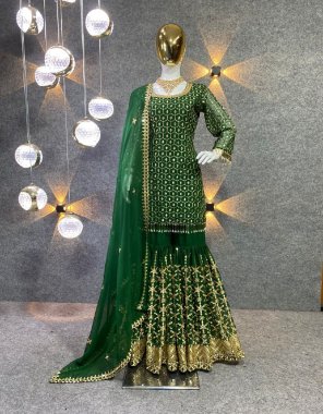 dark green top - heavy faux georgette with heavy embroidery sequance | top inner - heavy micro cotton | length - 34 - 35 inch | sharara plazzo - heavy faux georgette embroidery sequance work with fully flair | inner - heavy micro cotton | length - 43 -44 inch ( fully stitched ) | dupatta - heavy faux georgette embroidery sequance work with fancy border work  fabric embroidery work festive 