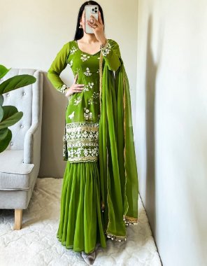 green top - heavy faux georgette with heavy embroidery sequance with full sleeves with latkan dori | top inner - heavy micro cotton | length - 35 - 36 inch | sharara plazzo - heavy faux georgette embroidery sequance work with fully flair | inner - heavy micro cotton | length - 41 -42 inch ( full stitched ) | dupatta - heavy faux georgette embroidery sequance work  fabric embroidery work festive 