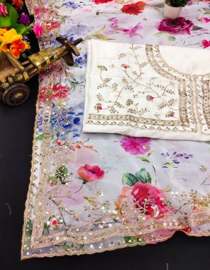 white saree - premium georgette embroidery codding work| blouse - mono banglory silk  fabric embroidery work casual 
