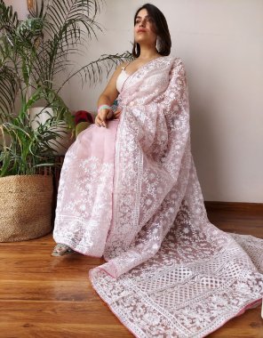 pink semi pure organza with lucknowi embroidery work | blouse - silk fabric lucknowi embroidery  work ethnic 