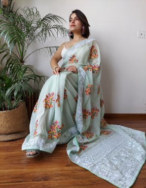 sky blue viscose organza saree | blouse - white silk blouse fabric embroidery work festive 