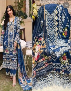 navy blue top - pure cotton with heavy soft embroidery moti | bottom - semi lawn | dupatta - net embroidery / tabby silk both fabric embroidery work party wear 