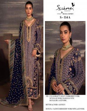navy blue top - fox georgette with heavy embroidery work with hand work zharkhan work banglory lace work | bottom & inner - santoon | dupatta - naznin embroidery work with lace work | pakistani copy  fabric embroidery work party wear 
