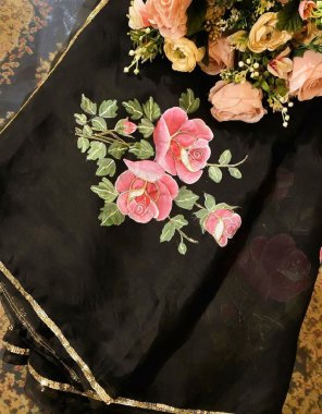 black semi pure organza | blouse - unstitch silk black fabric flower print work festive 