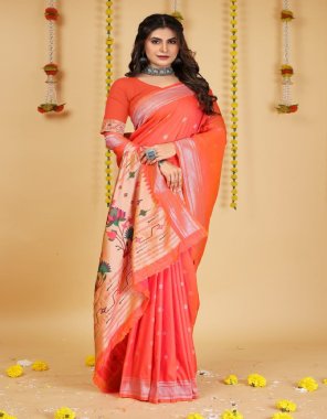 orange soft pure silk paithani saree  fabric weaving work party wear 