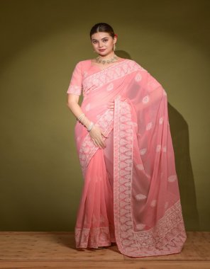 pink saree - heavy blooming georgette | blouse - heavy blooming georgette  fabric lucknowi work  work party wear 