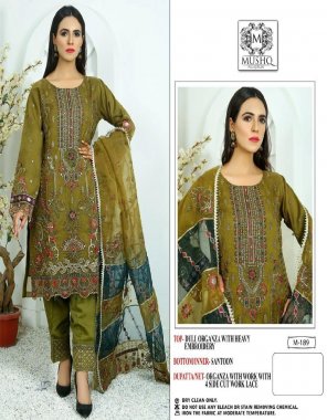 green top - pure organza embroidered with moti work | dupatta - pure organza with embroidery work | bottom- santoon   | inner - santoon fabric embroidery work casual 