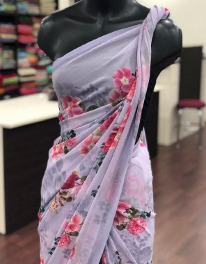 purple saree - pure georgette | blouse - banglory satin fabric printed work ethnic 