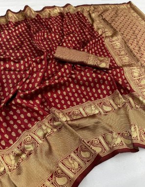 maroon banarasi soft silk  fabric weaving work festive 