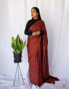 red saree - rich silk with ajrakh digital printed | blouse - mono banglori satin  fabric printed work casual 