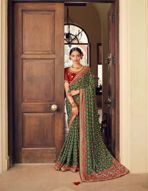 dark green chinon saree | blouse - dupion silk fabric embroidery work casual 