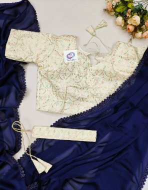 navy blue saree - moss chiffon | blouse - heavy stitched blouse fabric plain work festive 