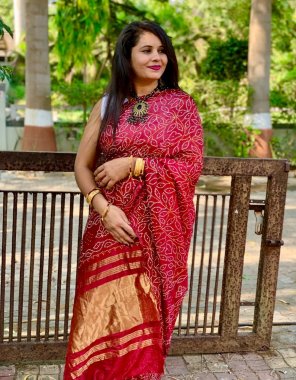 red soft silk light weight lagdi patta saree fabric ajrakh printed work festive 