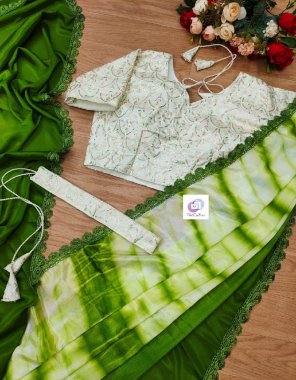 dark green saree - heavy fugus chiffon | blouse - stitch blouse with belt  fabric printed work ethnic 