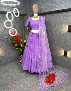 purple lehenga - faux georgette ( canvas patta ) | inner - micro silk | lehenga length - 42 inches | width upto 44 to 46 | flair - bottoms 12 kali ( 3 m) | type - semi stitched | blouse - faux georgette | type - unstitched | dupatta - butterfly net with fancy lace work ( 2.40 m) fabric embroidery work work party wear 