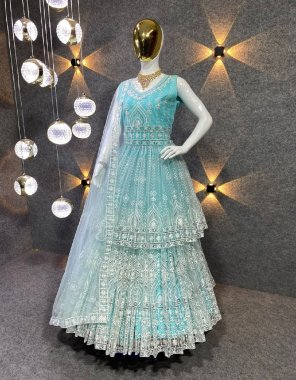 sky blue lehenga - heavy butterfly net with sequance embroidery work | lehenga inner - micro cotton | lehenga length - 40 - 42 ( semi stitched ) | top - heavy butterfly net with sequance work | top length - 38 inches | top size - xl ( 42 )  margin xxl ( 44 ) | dupatta - butterfly net material with sequance cut work fancy border ( 2.30 m) fabric sequance embroidery work festive 