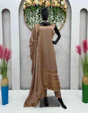 brown top - satin silk with thread with sequance work | stitching type - full stitch upto 42 | pent - satin silk with thread sequance work | inner - micro | stitch - full stitch upto 44 with elastic | dupatta - satin silk embroidery sequance with four side lace border  fabric embroidery work festive 