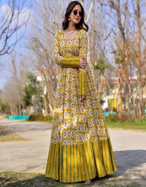 yellow gown - heavy silk cotton with digital print sleeves | inner - micro cotton | length - 53-55 inches | gown flair - 3.30 m| size - upto 44 ( xxl ) free size fully stitched fabric printed work festive 