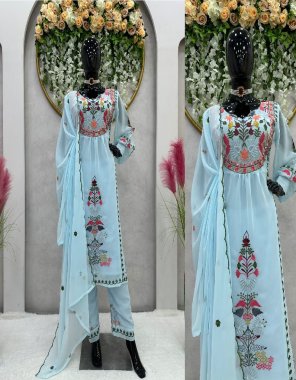 sky blue kurti - foux georgette with embroidery with real mirror work | plazzo - foux georgette | inner - micro | stitch - upto 44 with elastic full stitch | dupatta - faux georgette  fabric embroidery work casual 