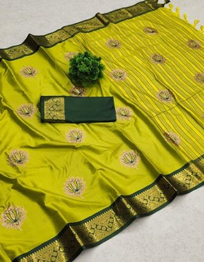 parrot green saree - pure mercerised cotton silk with embroidery work | blouse - contrast with exclusive jacquard border fabric embroidery work casual 