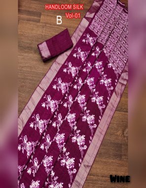 wine handloom silk digital flower print with jacquard work fabric jacquard work festive 