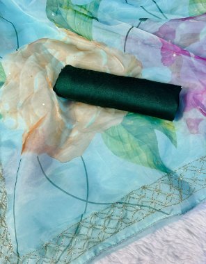 sky blue semi pure organza with heavy handcrafted | blouse - bottel green silk fabric handcrafted work party wear 