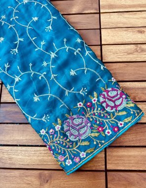 sky blue chinnon lucknowi work saree | blouse - silk fabric lucknowi work ethnic 