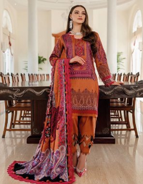 orange top - cotton with embroirdery | bottom - cotton soild | dupatta - chiffon printed  ( pakistani copy ) fabric embroidery work festive 