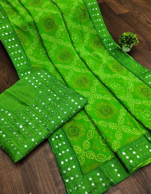 parrot green bandhani printed saree with papper mirror work fabric printed work festive 