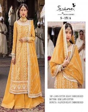 yellow top - lawn cotton heavy embroidered | bottom - semi lawn cotton | dupatta - nazmeen heavy embroidered ( pakistani copy ) fabric embroidery work festive 