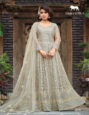 silver top - pure butterfly net | work - front & back heavy work & stone work | dupatta - pure butterfly net | bottom - japan satin | flair - 3.5 m  fabric embroidery work casual 