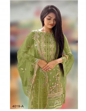 parrot green top - organza with embroidery | inner / bottom  - dull santoon | dupatta - organza with embroidery [ pakistani copy ] fabric embroidery work ethnic 