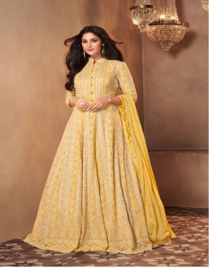 yellow top - heavy fox georgette embroidery work | sleeves - heavy fox georgette | bottom - santoon | dupatta - fox georgette | length - upto 54+ | size - customize upto 44 | flair - 2.40 m | type - semi stitched fabric embroidery work festive 