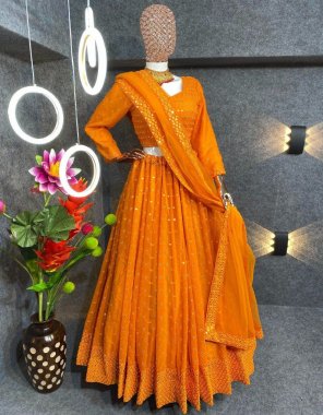 orange lehenga - faux georgette ( canvas patta ) | inner - micro silk | length - 42 inches | width upto 44 to 46 | flair - bottom 10 kali 2.5 m | type - semi stitched | blouse - faux georgette sequance sequance work | type - unstitched | dupatta - heavy net with fancy less work embroidery work ( 2.40 m)  fabric embroidery work casual 