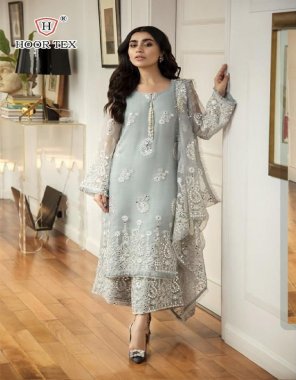 sky blue top - net with embroidery mirror work | bottom - net / santoon with embroidery work | inner - santoon | dupatta - net with embroidery four side lace work | size - 56 ( 8xl) fabric embroidery work festive 