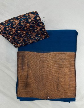 navy blue saree - heavy moss chiffon with copper viscose border | blouse - copper multi moti work with handmoti work  fabric weaving work festive 
