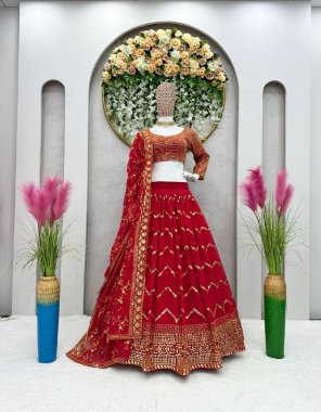 red choli - faux georgette | inner - micro | size - unstitch  upto 44 | lehenga - faux georgette | inner - micro | stitching type - semi stitch upto 44 | flair - 3m with canvas with cancan| dupatta - faux georgette thread with sequance work fabric sequance work  work festive 