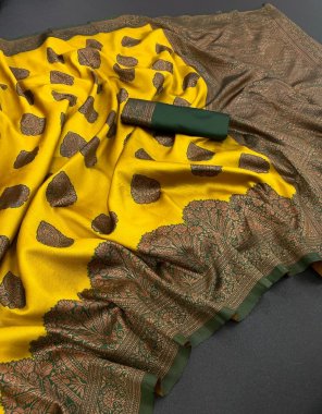 yellow 50/600 soft lichi silk with contrast blouse fabric weaving work casual 