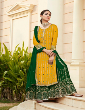 yellow top - heavy georgette with embroidery stone mirror work | sleeves - heavy georgette | inner - santoon | size - free size | plazzo - heavy georgette with embroidery stone mirror work with inner attched ( santoon ) | dupatta - nazneen with embroidery 4 side lace work  fabric embroidery work casual 
