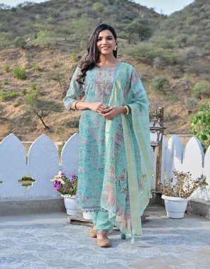 sky blue top - cotton lilen with digital and embroidery nack and khatli handwork mirror nack and full cotton mal inner | bottom - heavy airjet rayon with embroidery work lace pant | dupatta - cotton lilen with digital  fabric digital printed work casual 