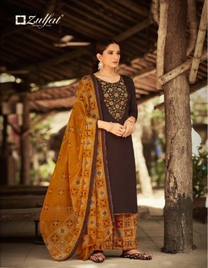 brown top - heavy jam cotton with heavy embroidery work 2.50m | dupatta - nazneen chiffon print 2.30m | bottom - soft cotton printed salwar 3m approx  fabric embroidery work party wear 