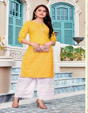 yellow kurti - cotton with ekart print with gota patti lace | plazzo - cotton chikan work  fabric printed work party wear 