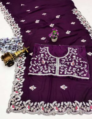 wine saree - premium georgette embroidery work | blouse - mono banglory silk embroidery blouse fabric embroidery work festive 