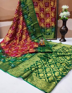 red pure bandhej silk with zari weaving fabric weaving work festive 