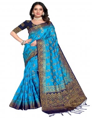 sky blue soft balatan silk  fabric weaving work festive 