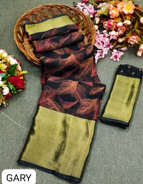 grey saree - soft tussar silk slub ( golden zari weaving ) | blouse - soft tussar silk slub ( running contrast blouse )  fabric weaving work party wear 