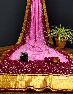pink pure bandhej silk with lagdi patta fabric weaving work festive 