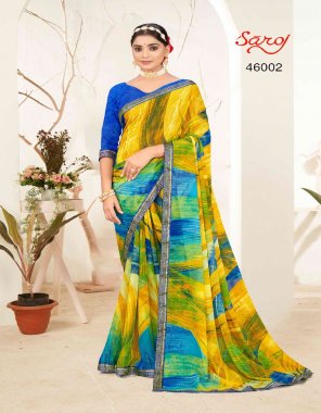 yellow heavy georgette printed saree with unstitched blouse piece  fabric printed work festive 